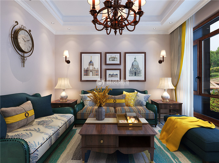 萬(wàn)科翡翠四季127㎡美式風(fēng)格客廳裝修效果圖