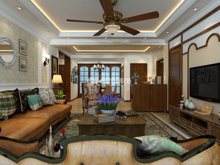 美式風格客廳吊扇燈設(shè)計裝修效果圖